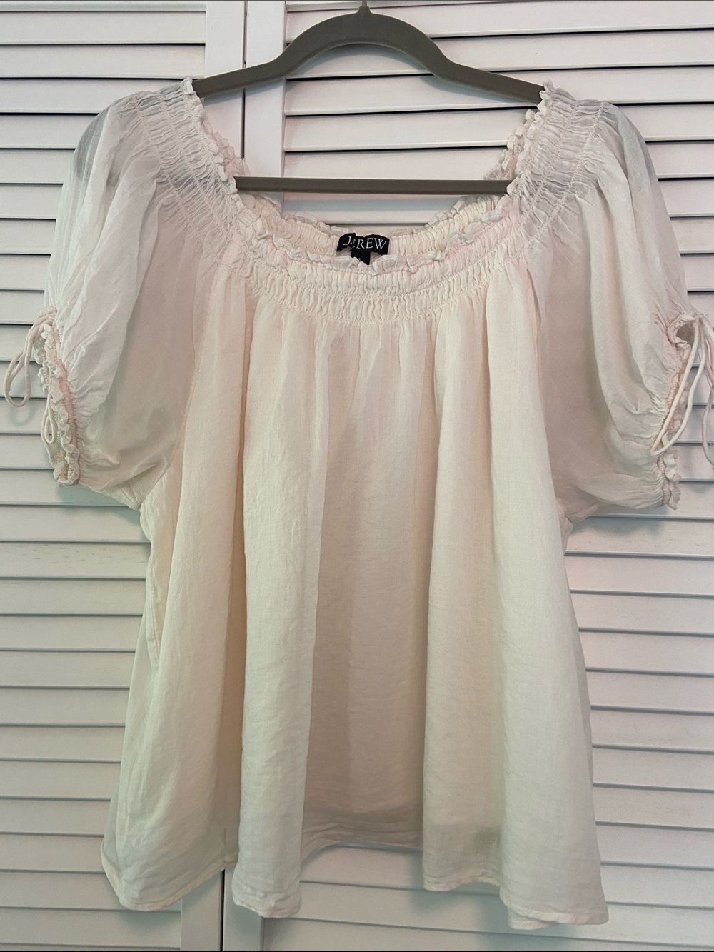 J. Crew Cottage-core Smocked Cotton Blend Puff Sleeves Cream Top Woman’s L